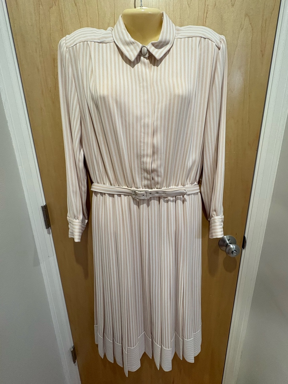 Vintage Striped Cream Button-Front Belted Midi Dress